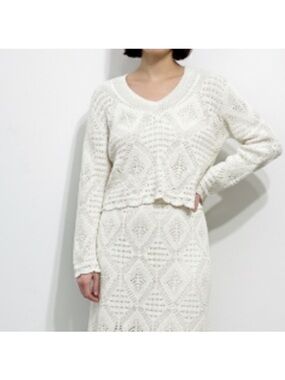 American Eagle Open Knit V-Neck Crochet Cropped Sweater Cream Size Medium Boho